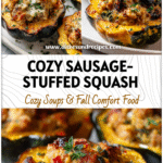Golden roasted acorn squash halves stuffed with seasoned chicken sausage and herbs on a white plate.